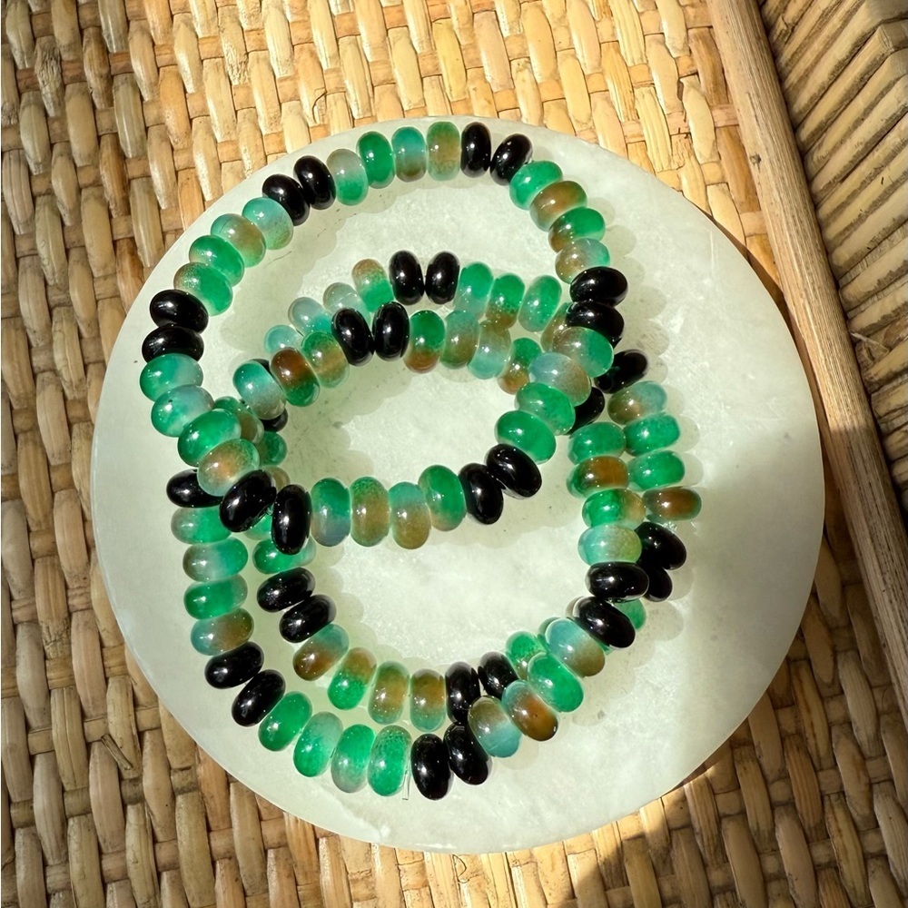 Set of Three Green and Black Glass Beaded Bracelets